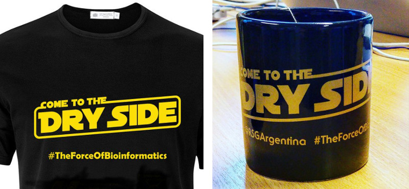 Come to the dry side, an invitation from the RSG-Argentina, printed on merchandise available at ISCB-LA 2016. Photo of the mug by Bart Cuypers